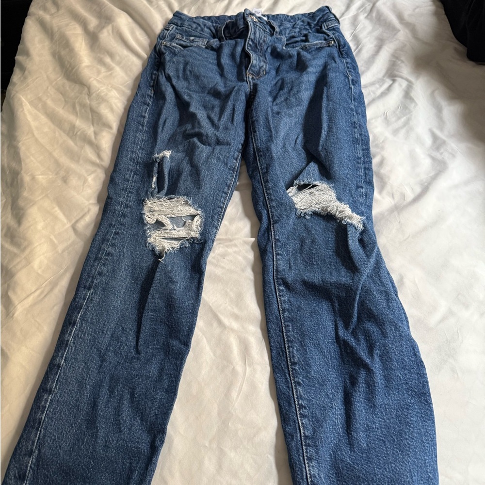 Forever 21 Blue Straight Leg Jeans with Distressed Knees